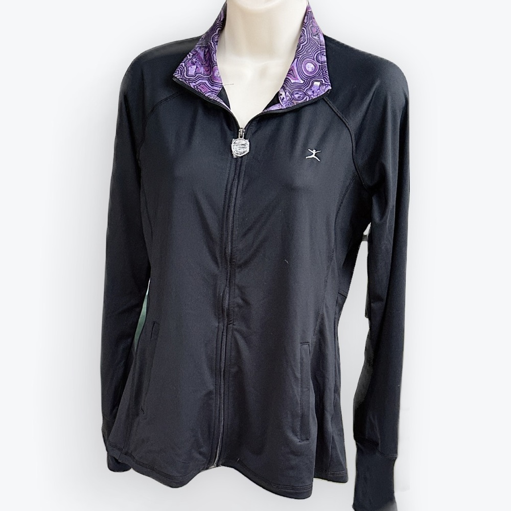 Yoga Athleisure Dance Danskin Geometric Purple Trimmed Black Peek-A-Boo Jacket~S